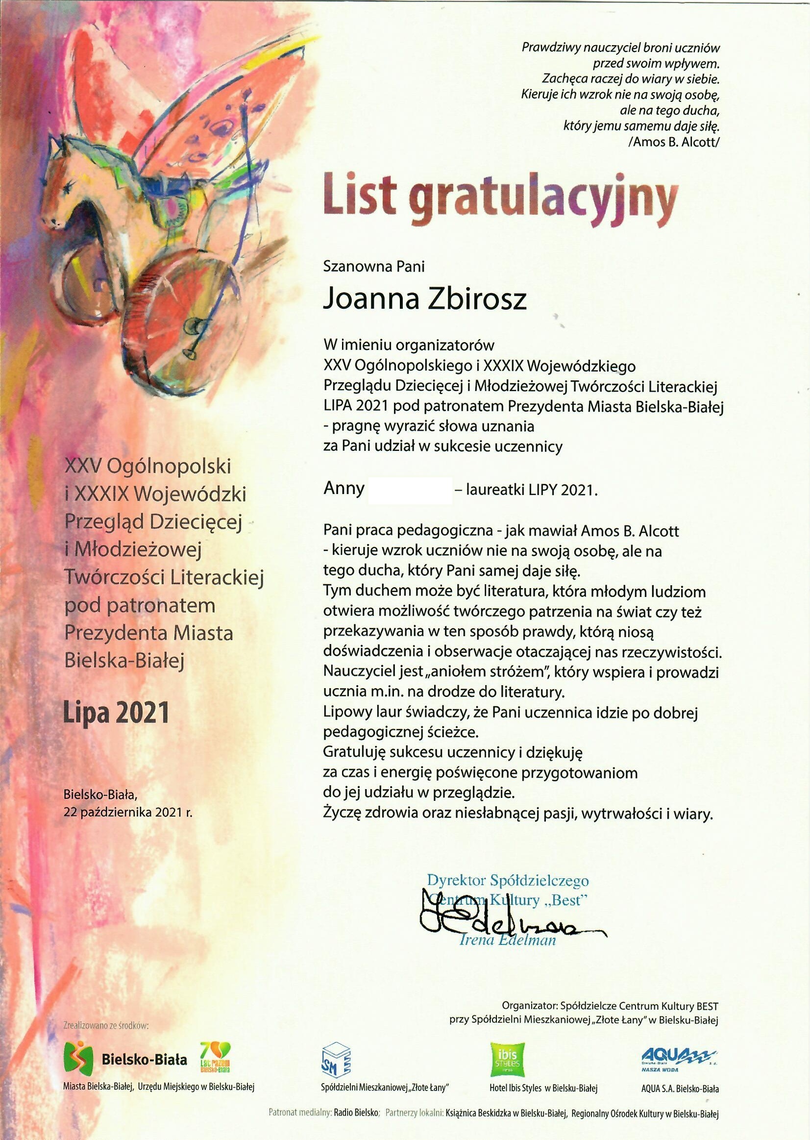 Dyplom dla pani J. Zbirosz.